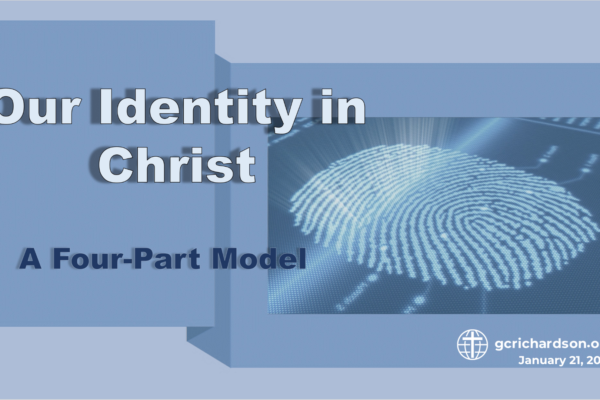 A fingerprint with the words "Our Identity in Christ: A Four-Part Model January 21, 2024 gcrichardson.org"